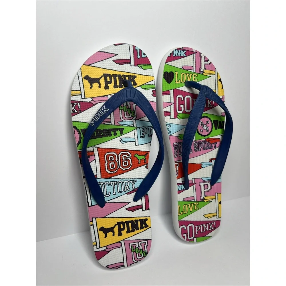 Victoria's Secret PINK Flip Flops Large Collegiate Pennant Love Spirit New